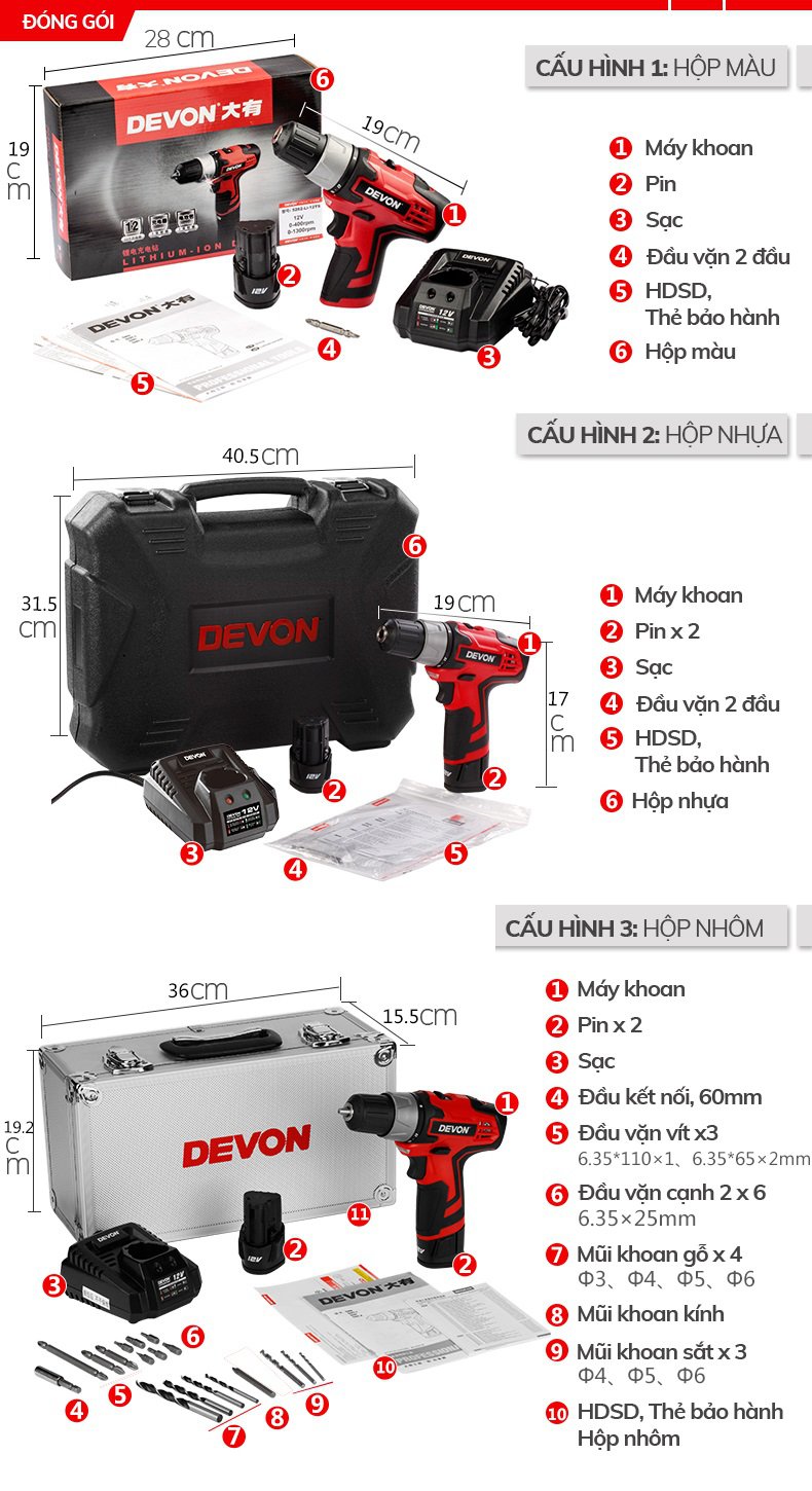 máy khoan vặn vít 12V Devon 5262-Li-12TS (Hộp nhôm/2×1.5Ah/Phụ kiện)